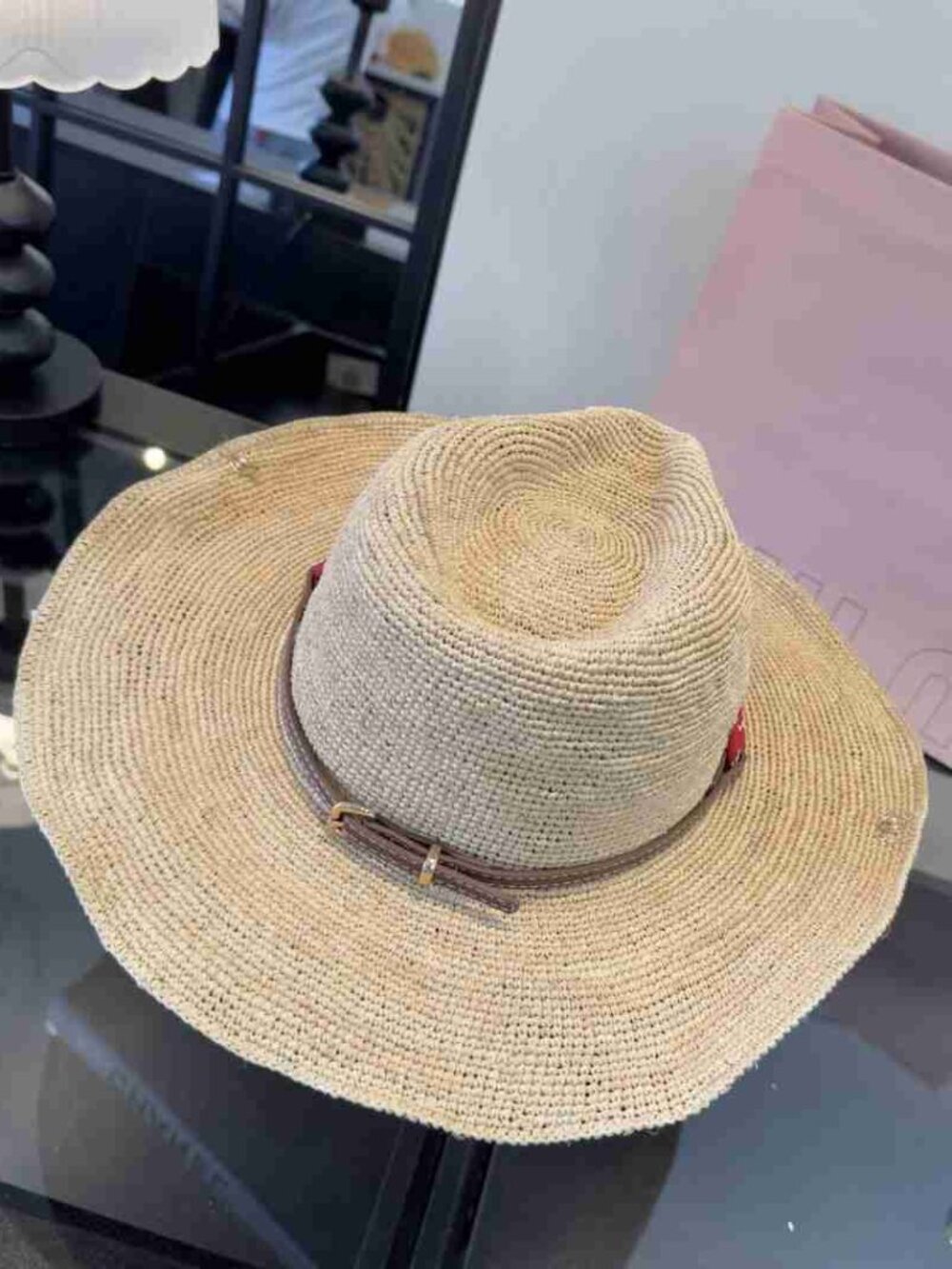 Miu Miu Wide Brim Western Sun Hat Woven Raffia Red Knot Band Resort Hat - Picture 4 of 8